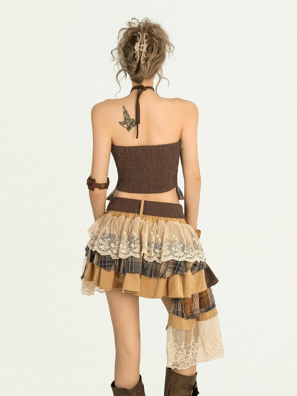 Nico Molly Lace Patchwork Halter Slim Fit Street Style Women Short Brown Camisoles