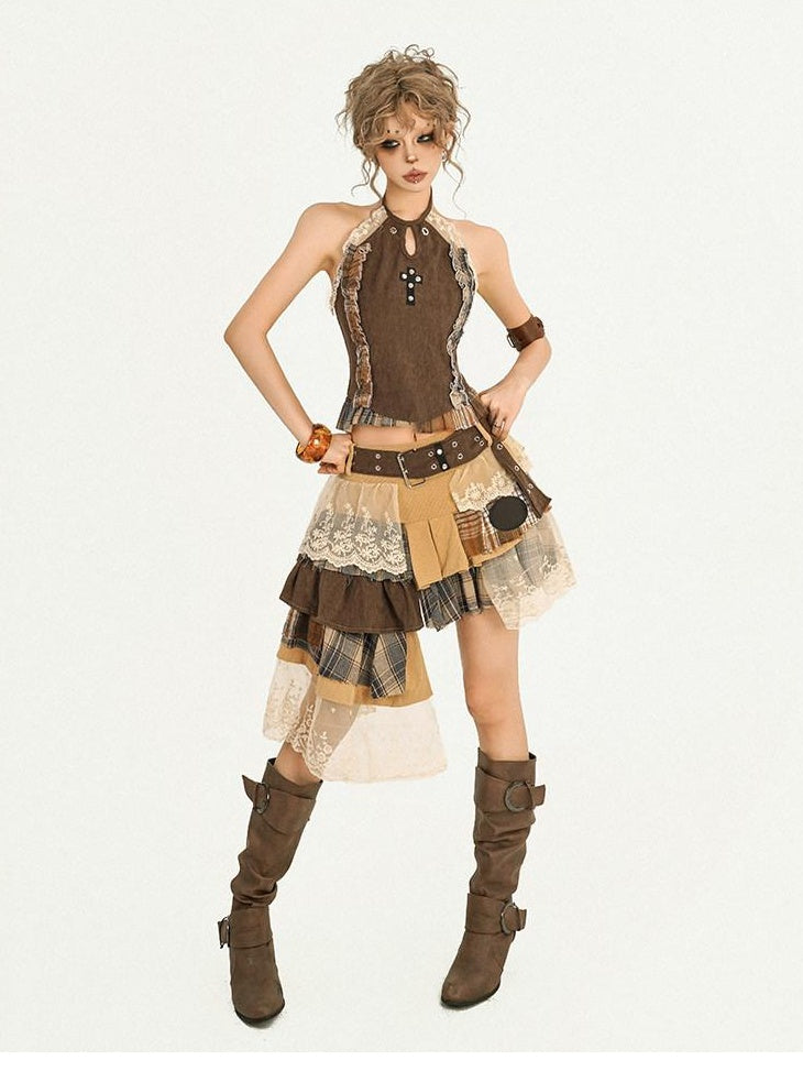 Nico Molly Lace Patchwork Halter Slim Fit Street Style Women Short Brown Camisoles