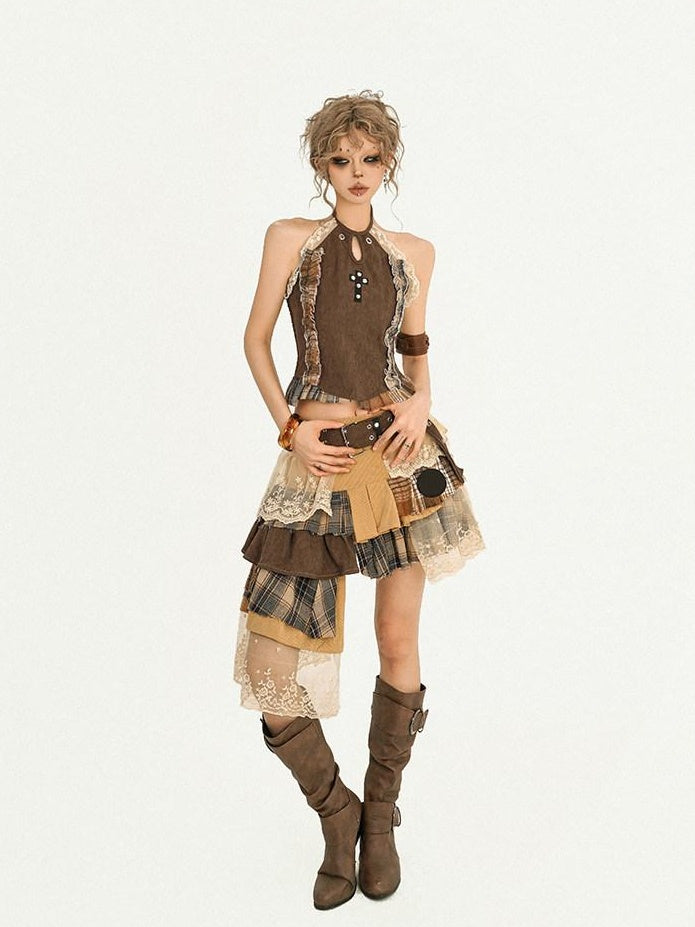Nico Molly Lace Patchwork Halter Slim Fit Street Style Women Short Brown Camisoles