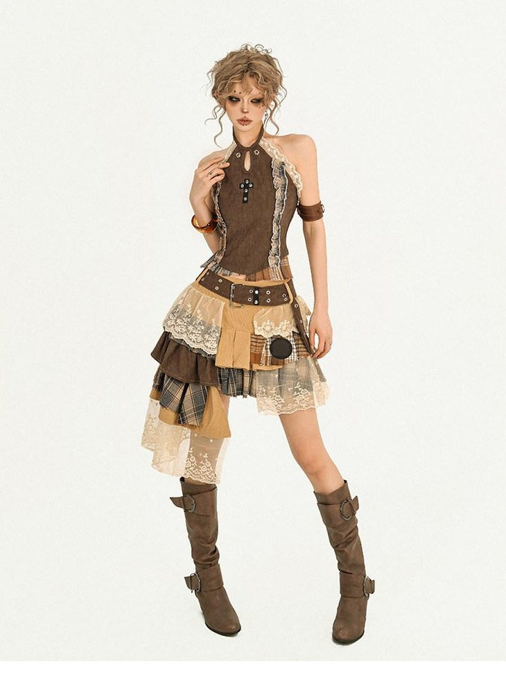 Nico Molly Lace Patchwork Halter Slim Fit Street Style Women Short Brown Camisoles