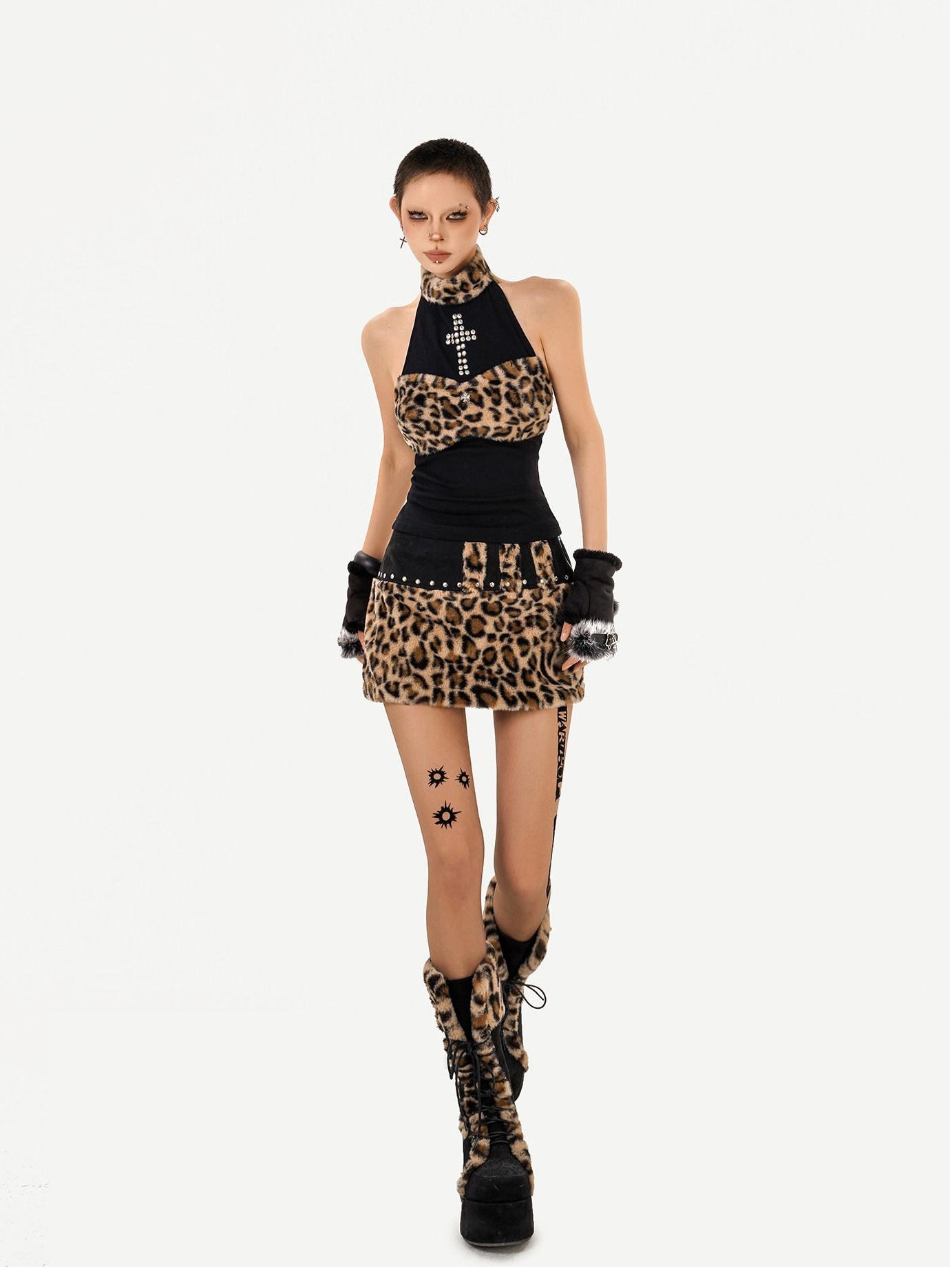 Nico Molly Leopard Patchwork Cropped High Neck Slim Fit Retro Two Piece For Women Tank Tops