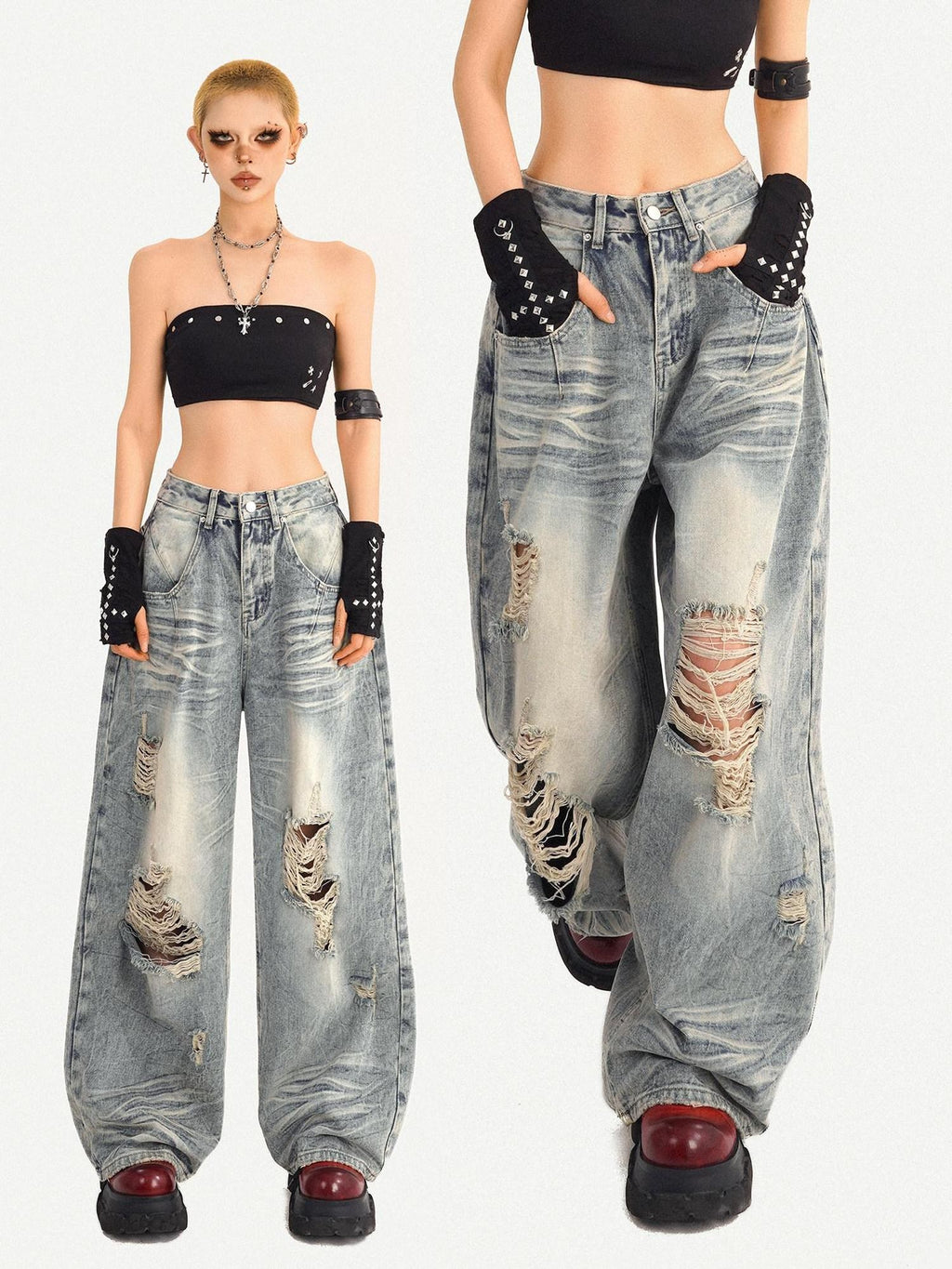 Nico Molly Light Blue Ripped Streetwear Mid Rise Loose Fit Button Fly Wide Leg Jeans