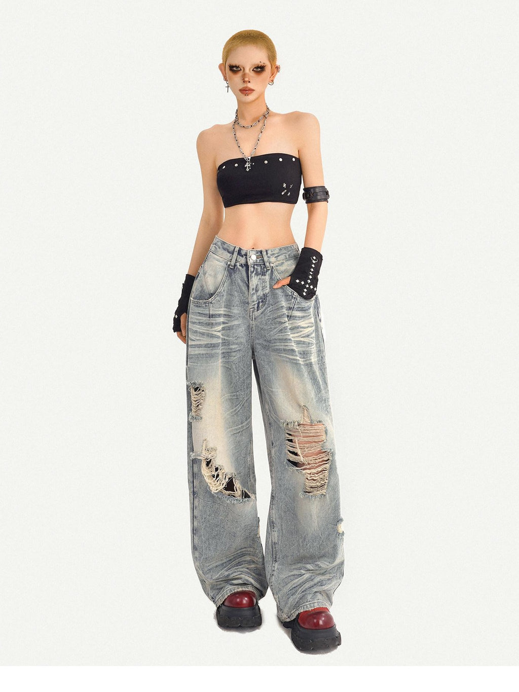 Nico Molly Light Blue Ripped Streetwear Mid Rise Loose Fit Button Fly Wide Leg Jeans
