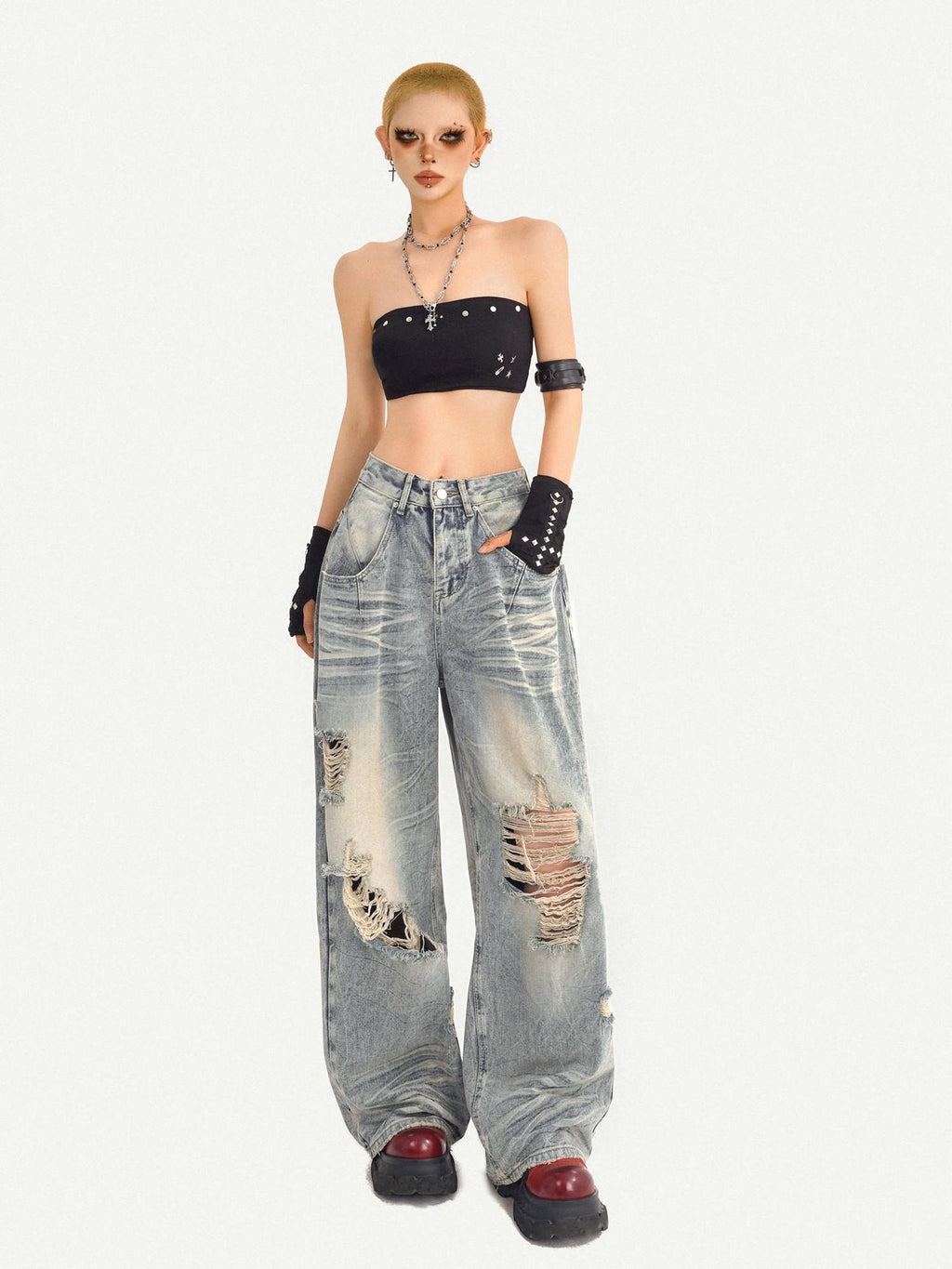 Nico Molly Light Blue Ripped Streetwear Mid Rise Loose Fit Button Fly Wide Leg Jeans
