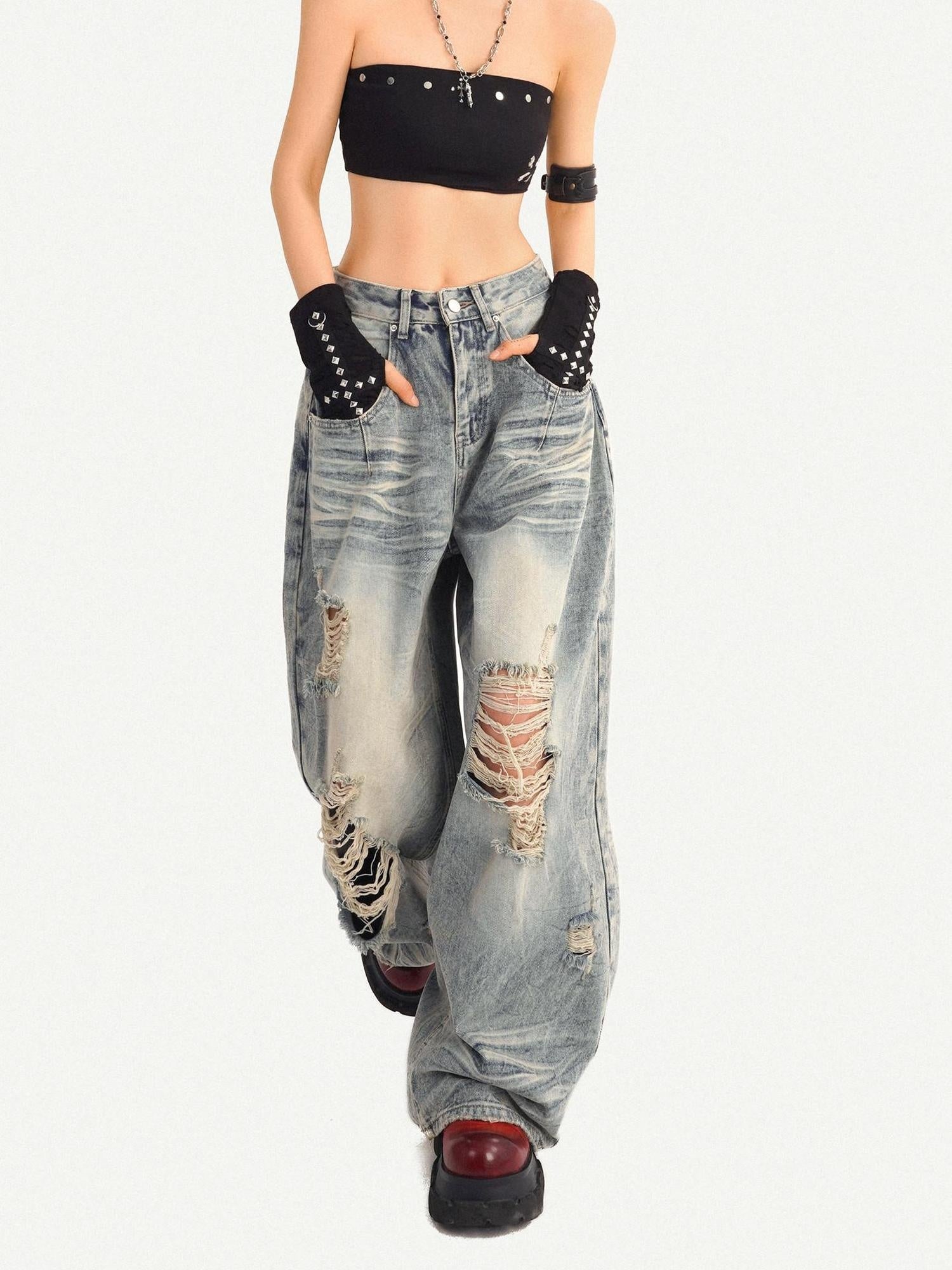 Nico Molly Light Blue Ripped Streetwear Mid Rise Loose Fit Button Fly Wide Leg Jeans