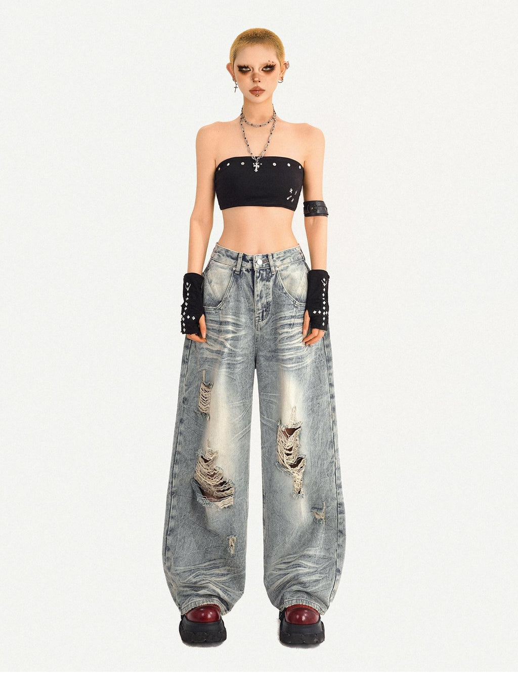Nico Molly Light Blue Ripped Streetwear Mid Rise Loose Fit Button Fly Wide Leg Jeans