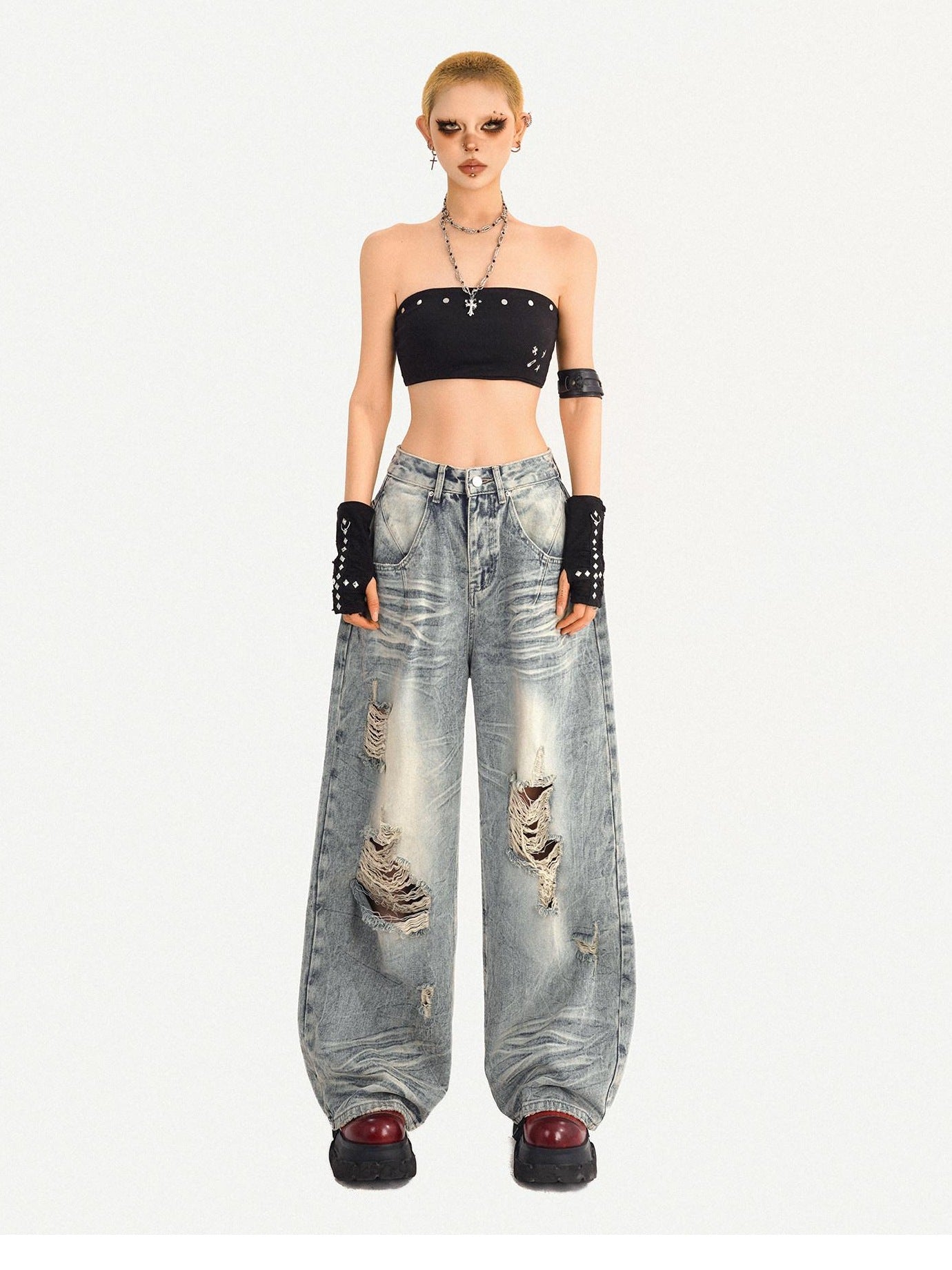 Nico Molly Light Blue Ripped Streetwear Mid Rise Loose Fit Button Fly Wide Leg Jeans