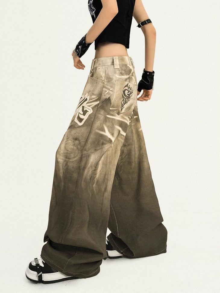 Nico Molly Light Brown Lettering Hip Hop Loose Fit Natural Waist Printed Wide Leg Jeans