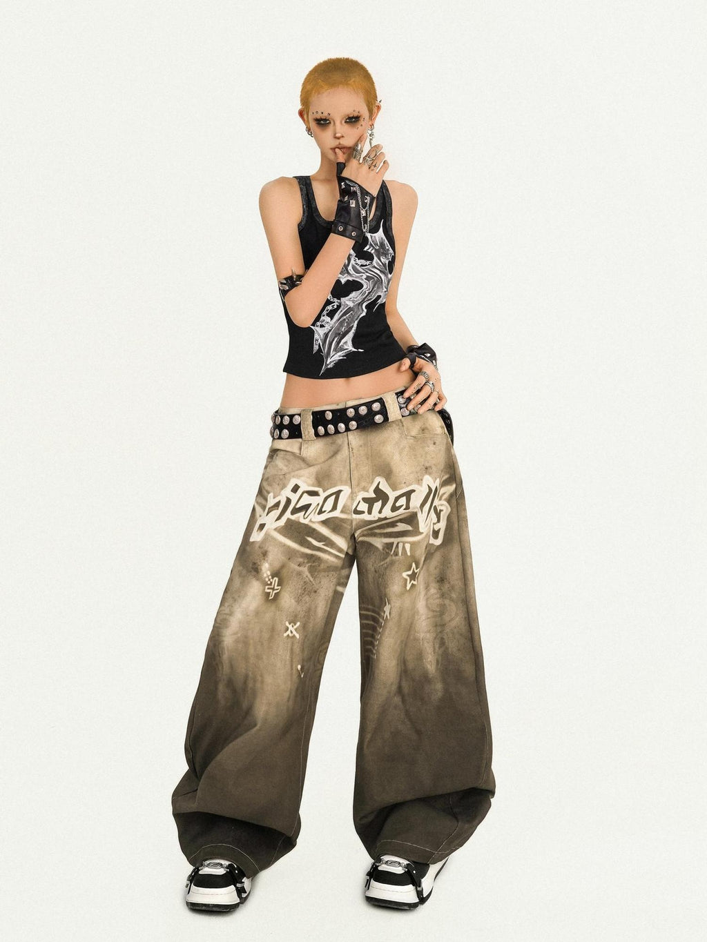 Nico Molly Light Brown Lettering Hip Hop Loose Fit Natural Waist Printed Wide Leg Jeans