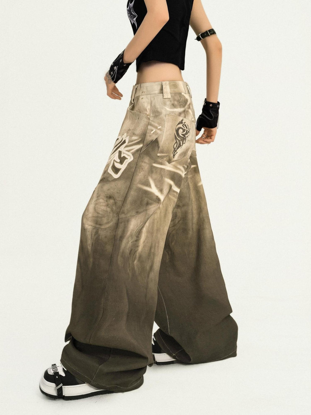 Nico Molly Light Brown Lettering Hip Hop Loose Fit Natural Waist Printed Wide Leg Jeans