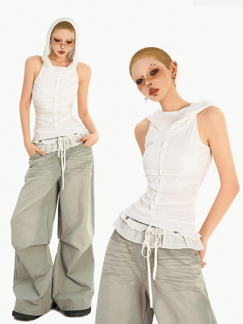 Nico Molly Lightweight Knit Sleeveless American Loose Fit Hooded Women Solid White Hoodie