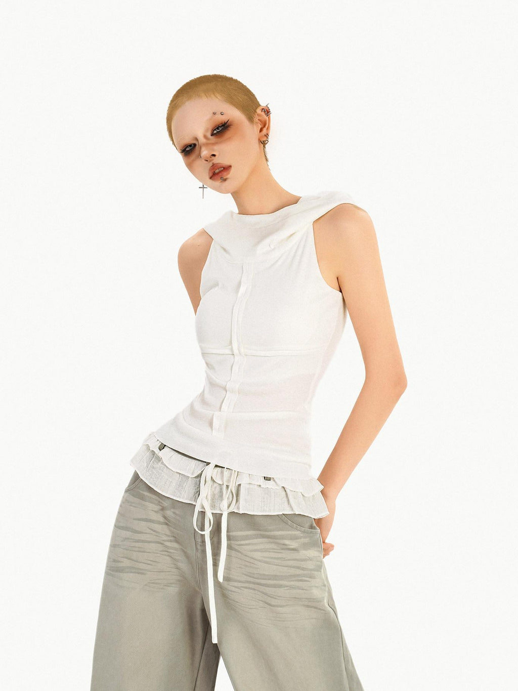 Nico Molly Lightweight Knit Sleeveless American Loose Fit Hooded Women Solid White Hoodie