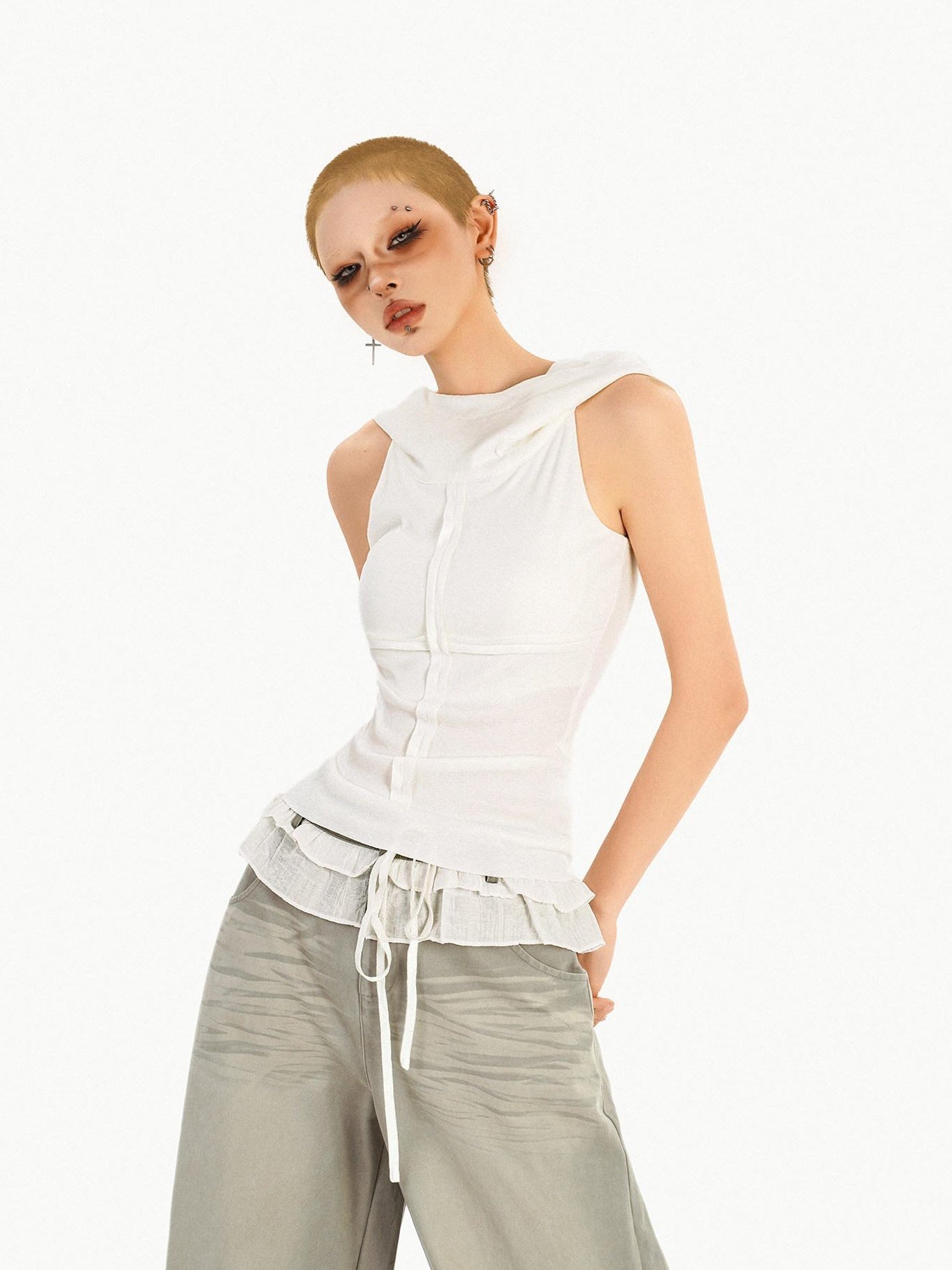 Nico Molly Lightweight Knit Sleeveless American Loose Fit Hooded Women Solid White Hoodie