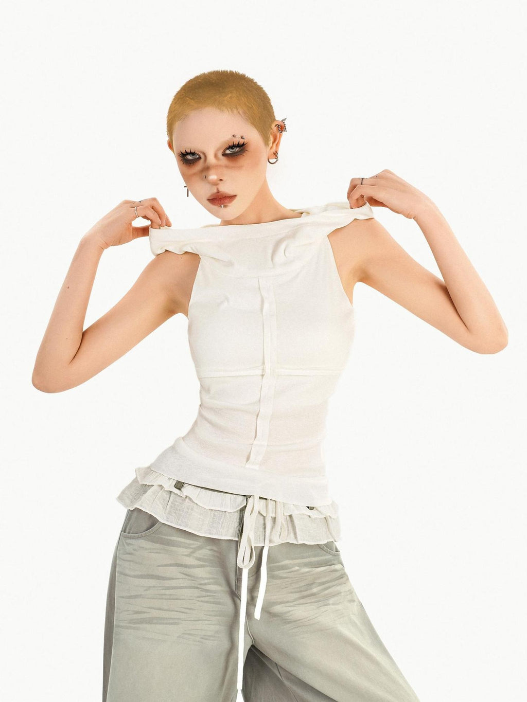Nico Molly Lightweight Knit Sleeveless American Loose Fit Hooded Women Solid White Hoodie