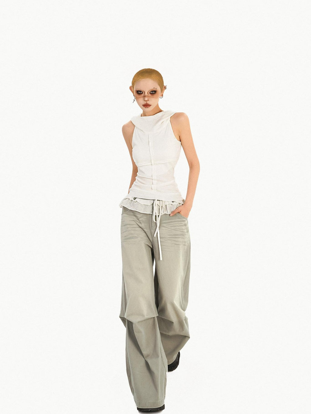 Nico Molly Lightweight Knit Sleeveless American Loose Fit Hooded Women Solid White Hoodie