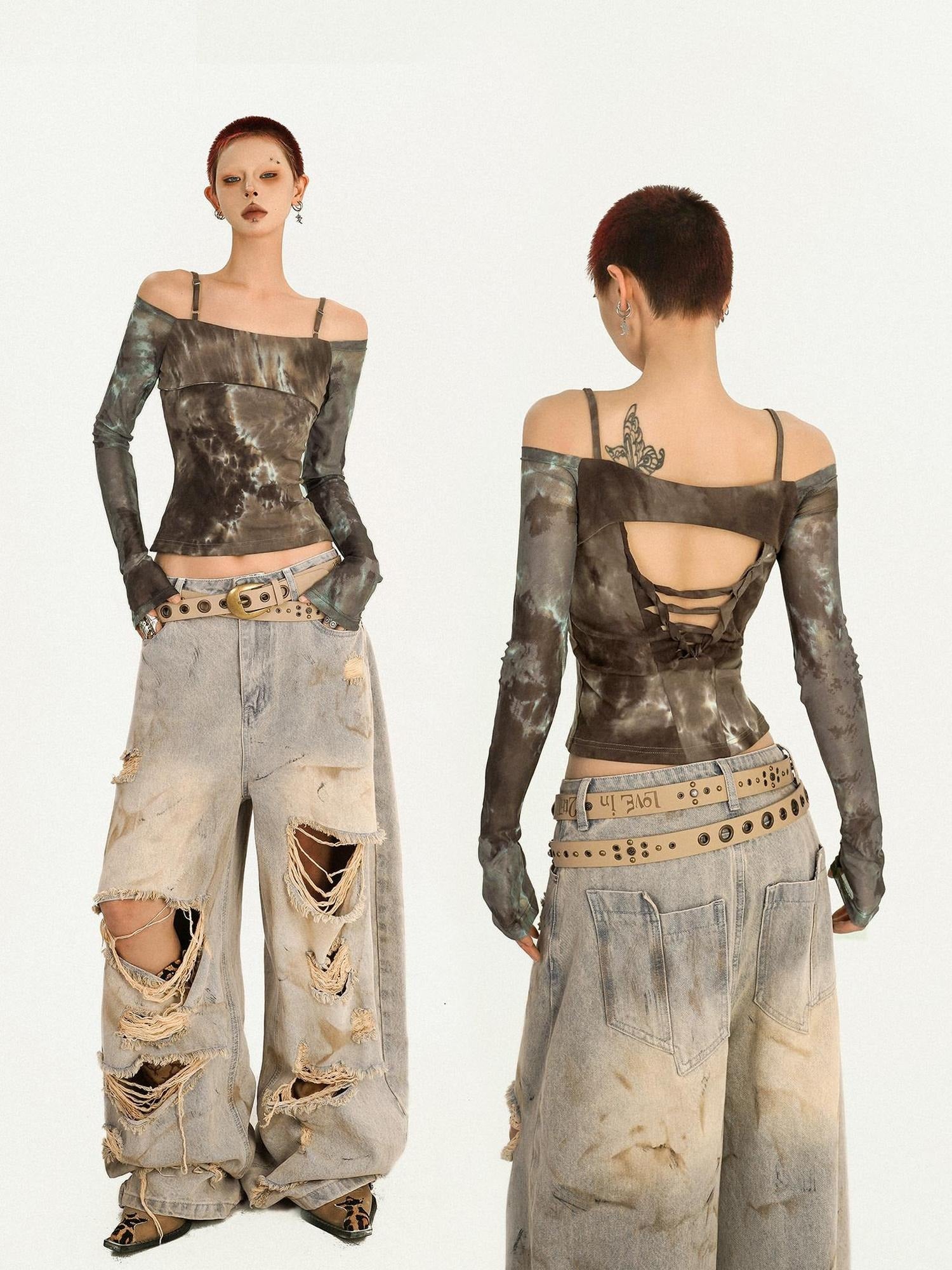 Nico Molly Lightweight Slim Tie Dye Punk Boat Neck Women Long Sleeve T-Shirts