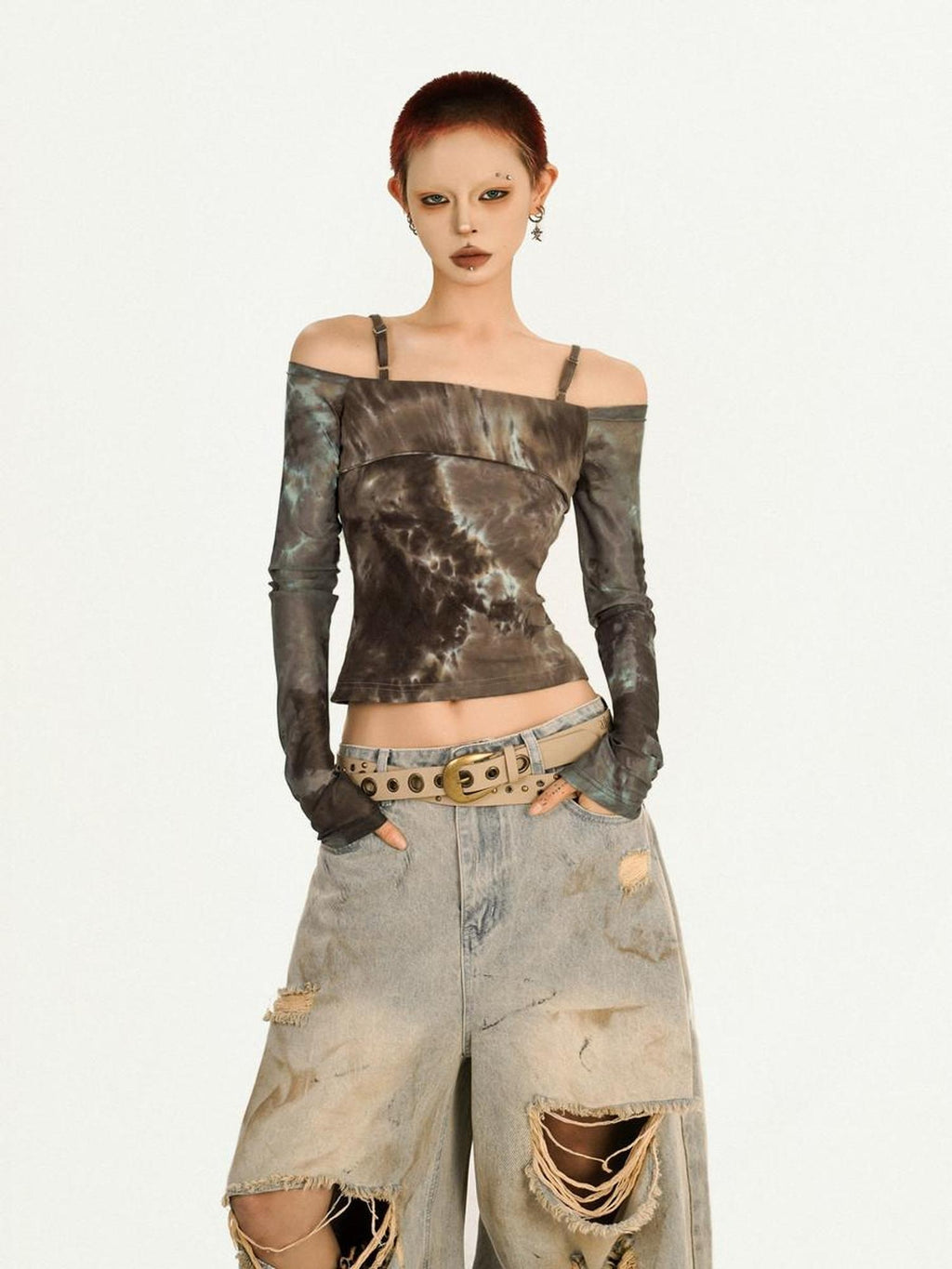 Nico Molly Lightweight Slim Tie Dye Punk Boat Neck Women Long Sleeve T-Shirts