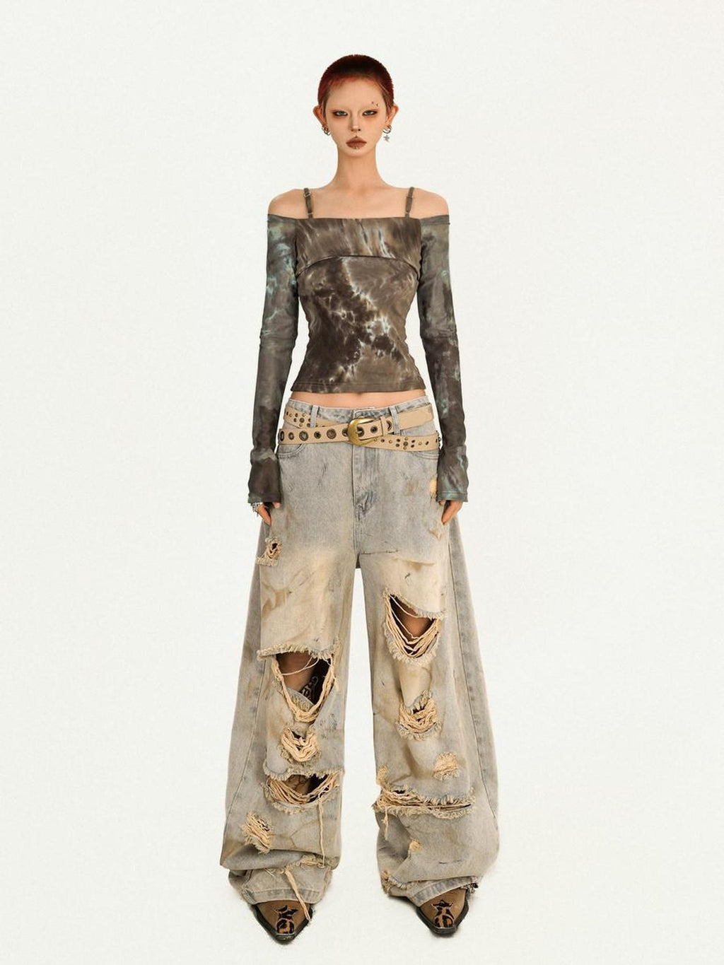 Nico Molly Lightweight Slim Tie Dye Punk Boat Neck Women Long Sleeve T-Shirts
