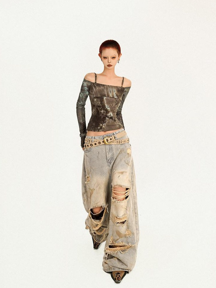 Nico Molly Lightweight Slim Tie Dye Punk Boat Neck Women Long Sleeve T-Shirts