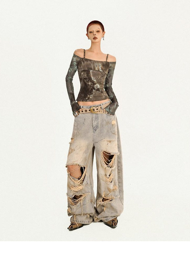Nico Molly Lightweight Slim Tie Dye Punk Boat Neck Women Long Sleeve T-Shirts