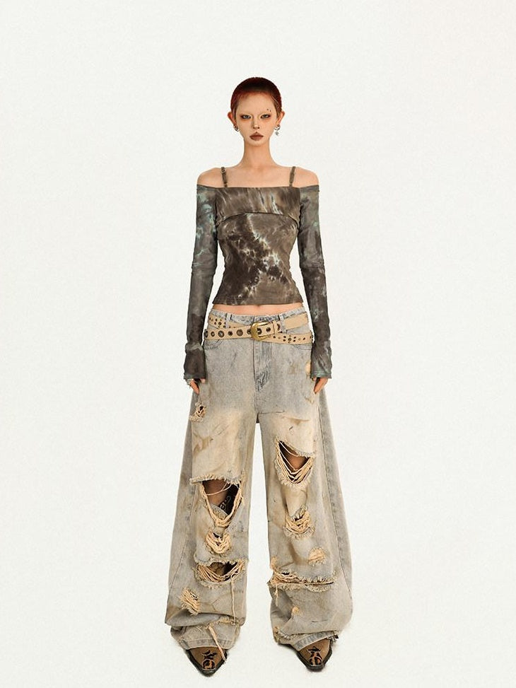 Nico Molly Lightweight Slim Tie Dye Punk Boat Neck Women Long Sleeve T-Shirts