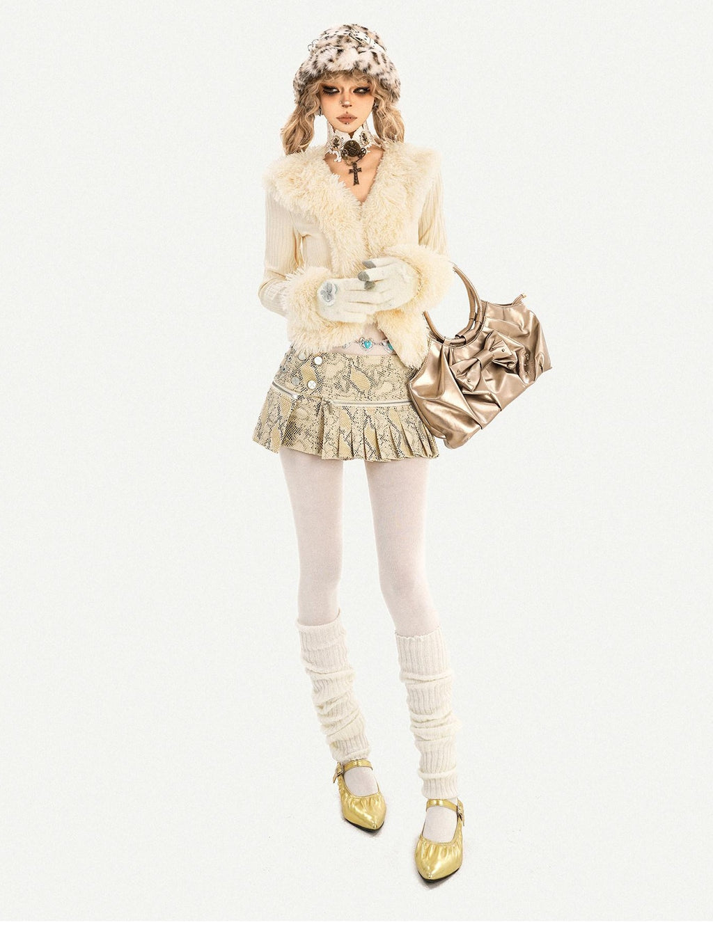 Nico Molly Lined Snake Print Pleated Hot Girl Low Waist Slim Ivory Mini Skirts