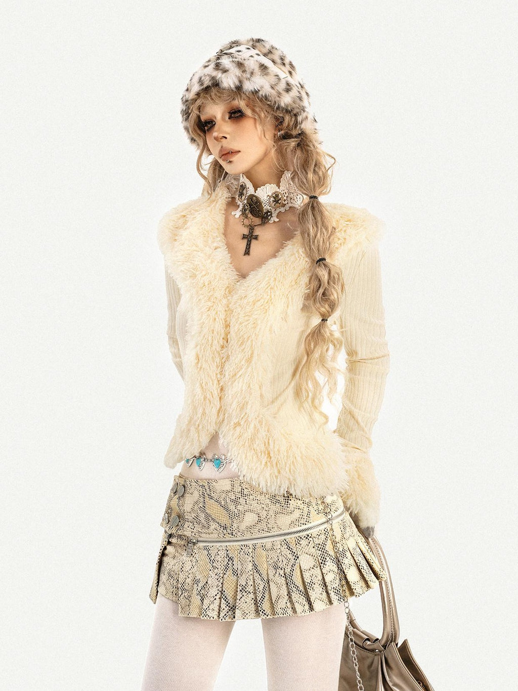 Nico Molly Lined Snake Print Pleated Hot Girl Low Waist Slim Ivory Mini Skirts