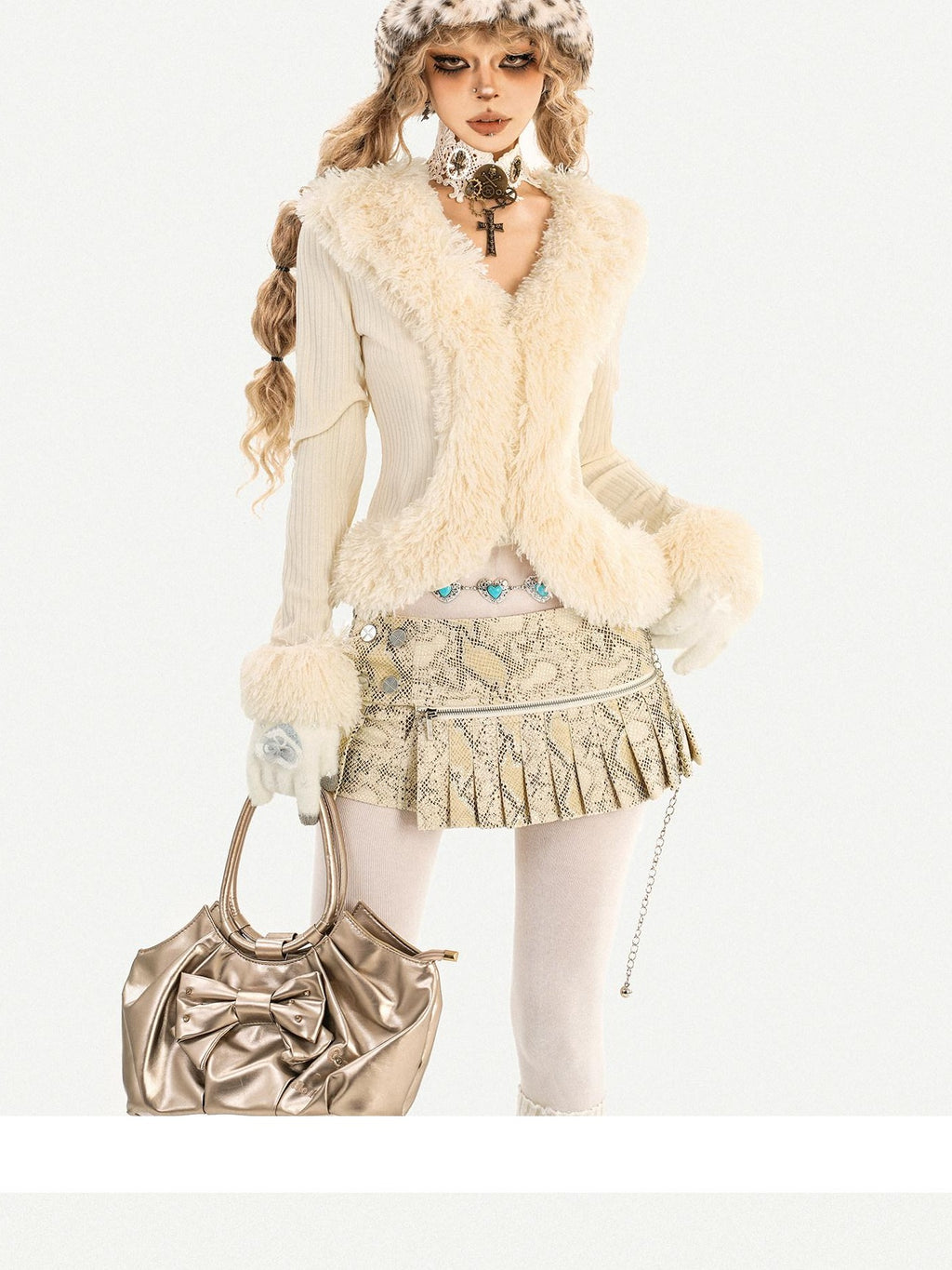 Nico Molly Lined Snake Print Pleated Hot Girl Low Waist Slim Ivory Mini Skirts