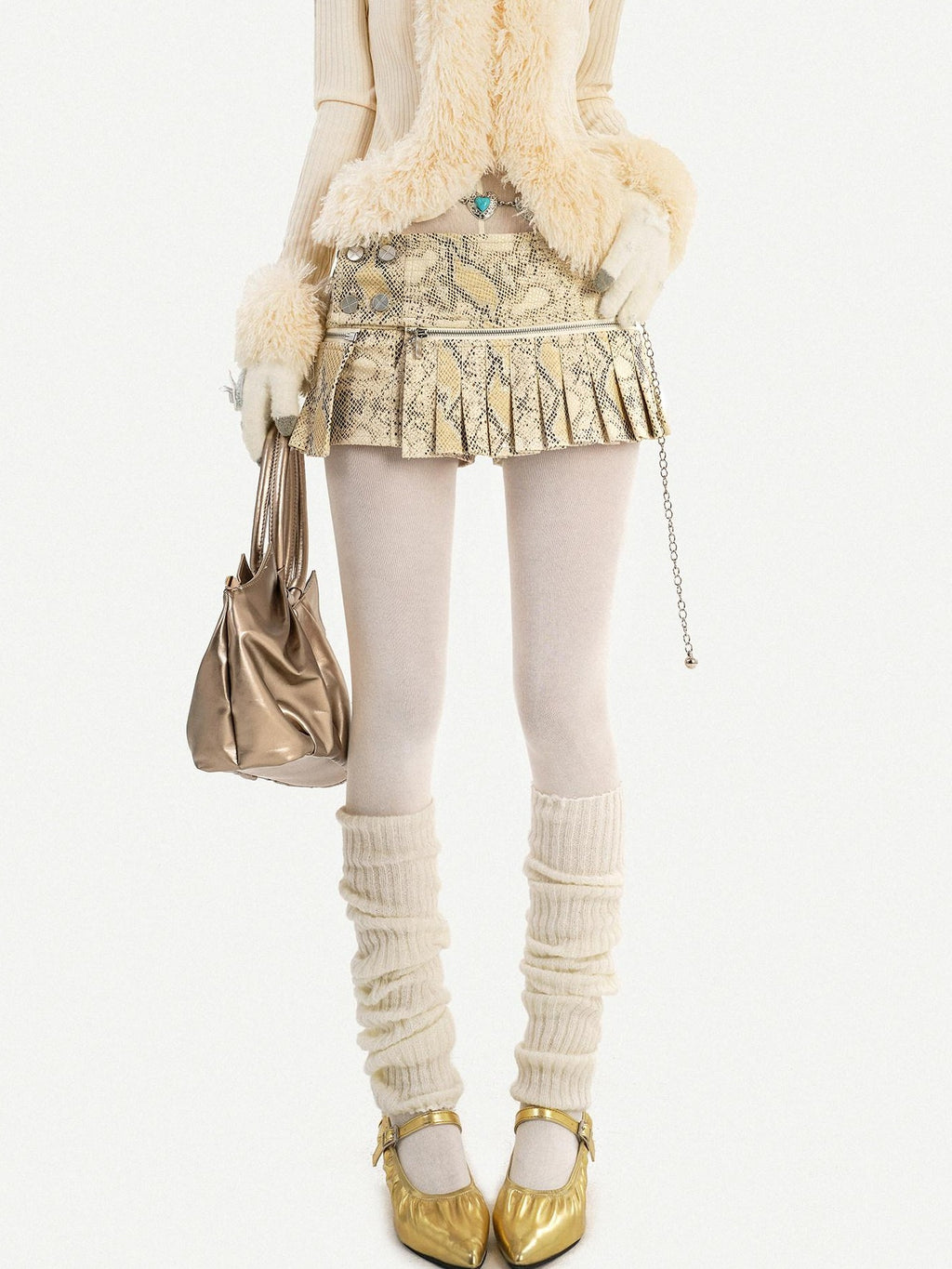 Nico Molly Lined Snake Print Pleated Hot Girl Low Waist Slim Ivory Mini Skirts