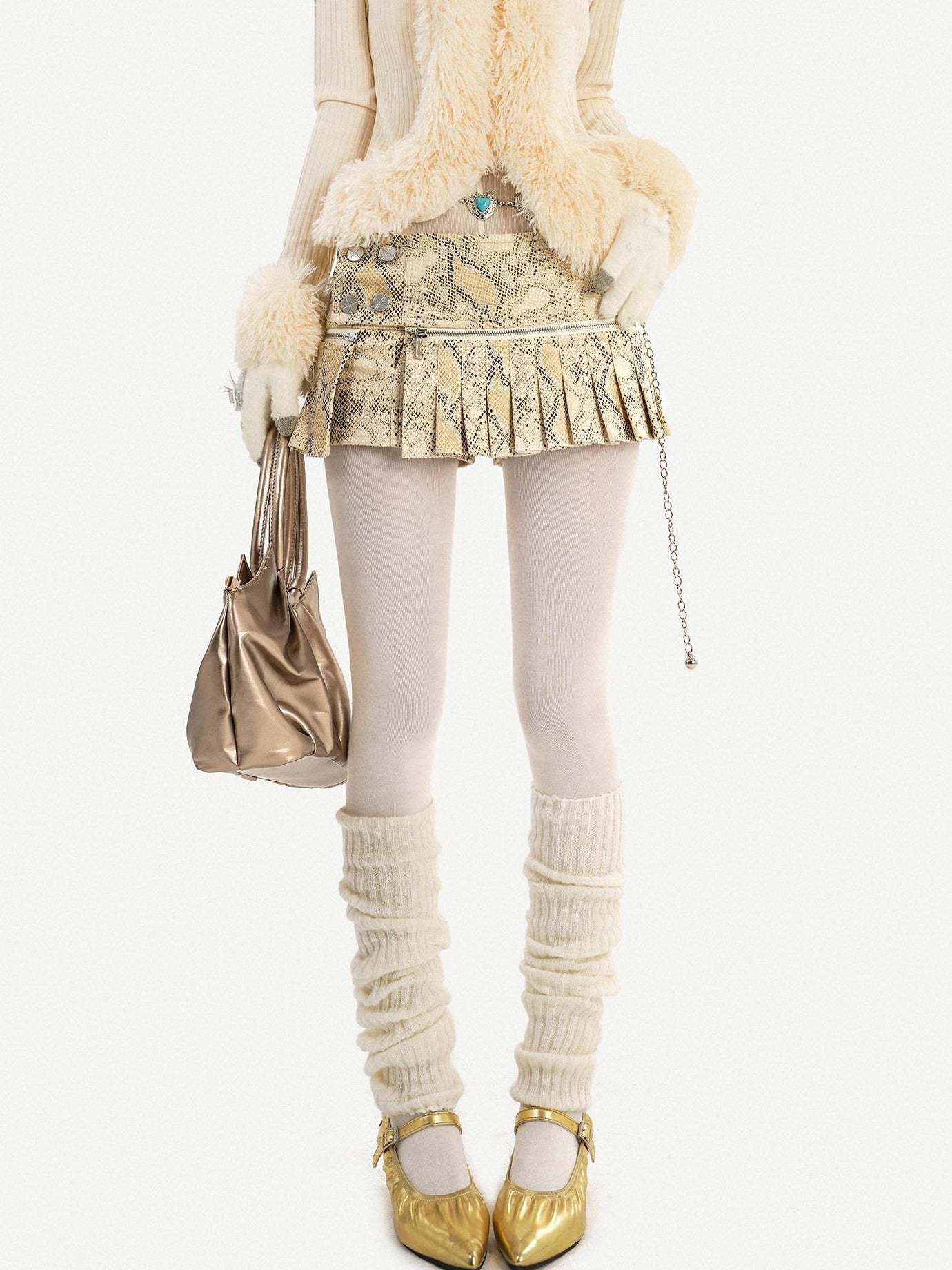 Nico Molly Lined Snake Print Pleated Hot Girl Low Waist Slim Ivory Mini Skirts
