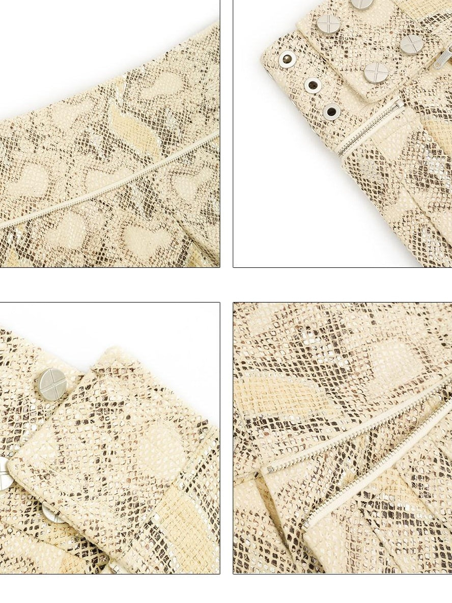 Nico Molly Lined Snake Print Pleated Hot Girl Low Waist Slim Ivory Mini Skirts