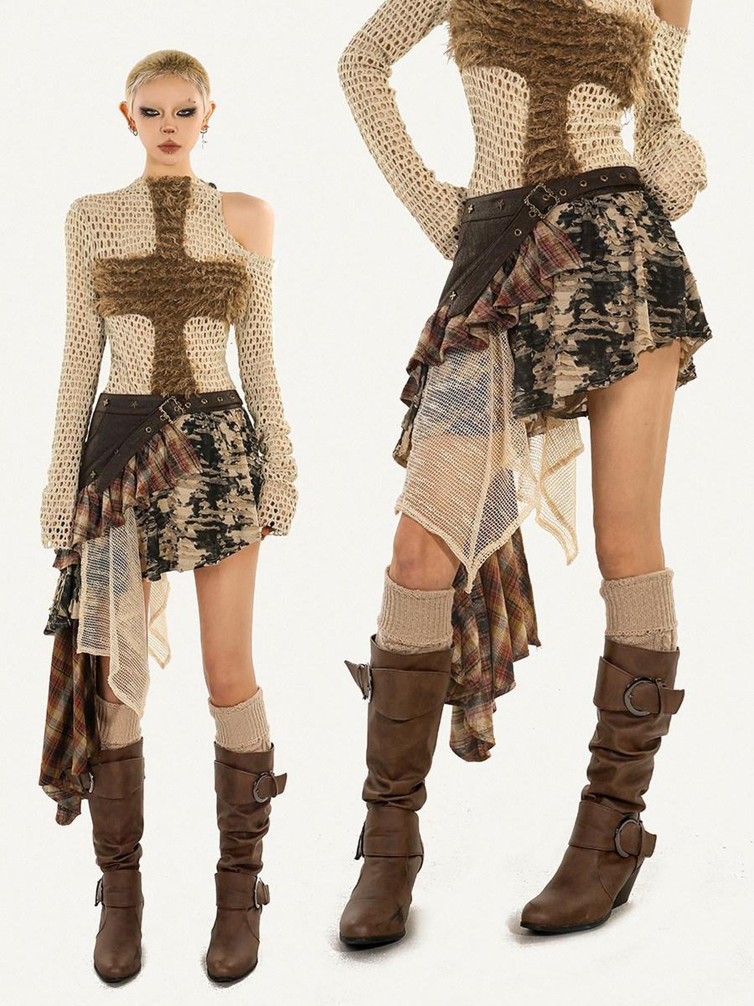 Nico Molly Long Sleeve Crewneck Two Piece Casual Khaki Skirt Top & Skirt Sets