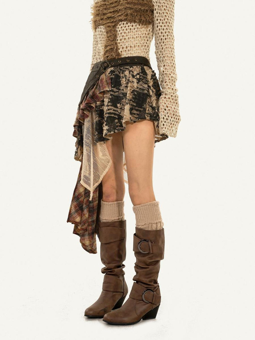 Nico Molly Long Sleeve Crewneck Two Piece Casual Khaki Skirt Top & Skirt Sets