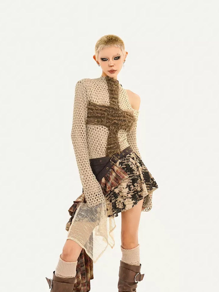 Nico Molly Long Sleeve Crewneck Two Piece Casual Khaki Skirt Top & Skirt Sets