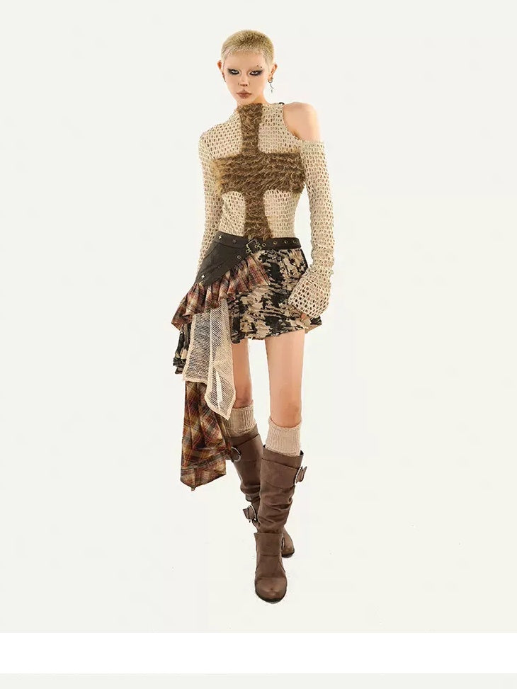 Nico Molly Long Sleeve Crewneck Two Piece Casual Khaki Skirt Top & Skirt Sets