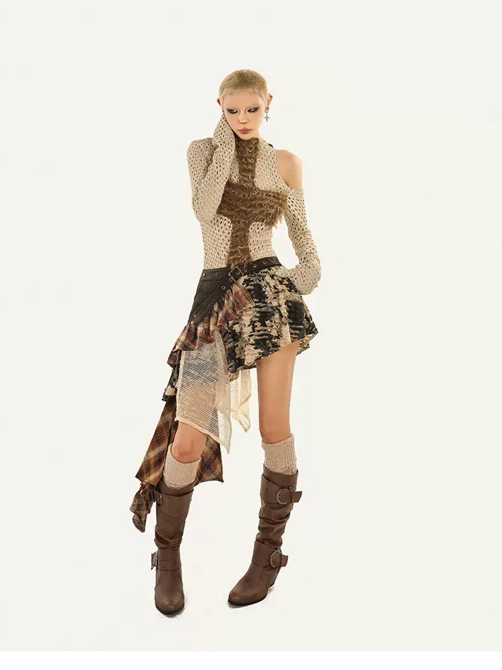 Nico Molly Long Sleeve Crewneck Two Piece Casual Khaki Skirt Top & Skirt Sets