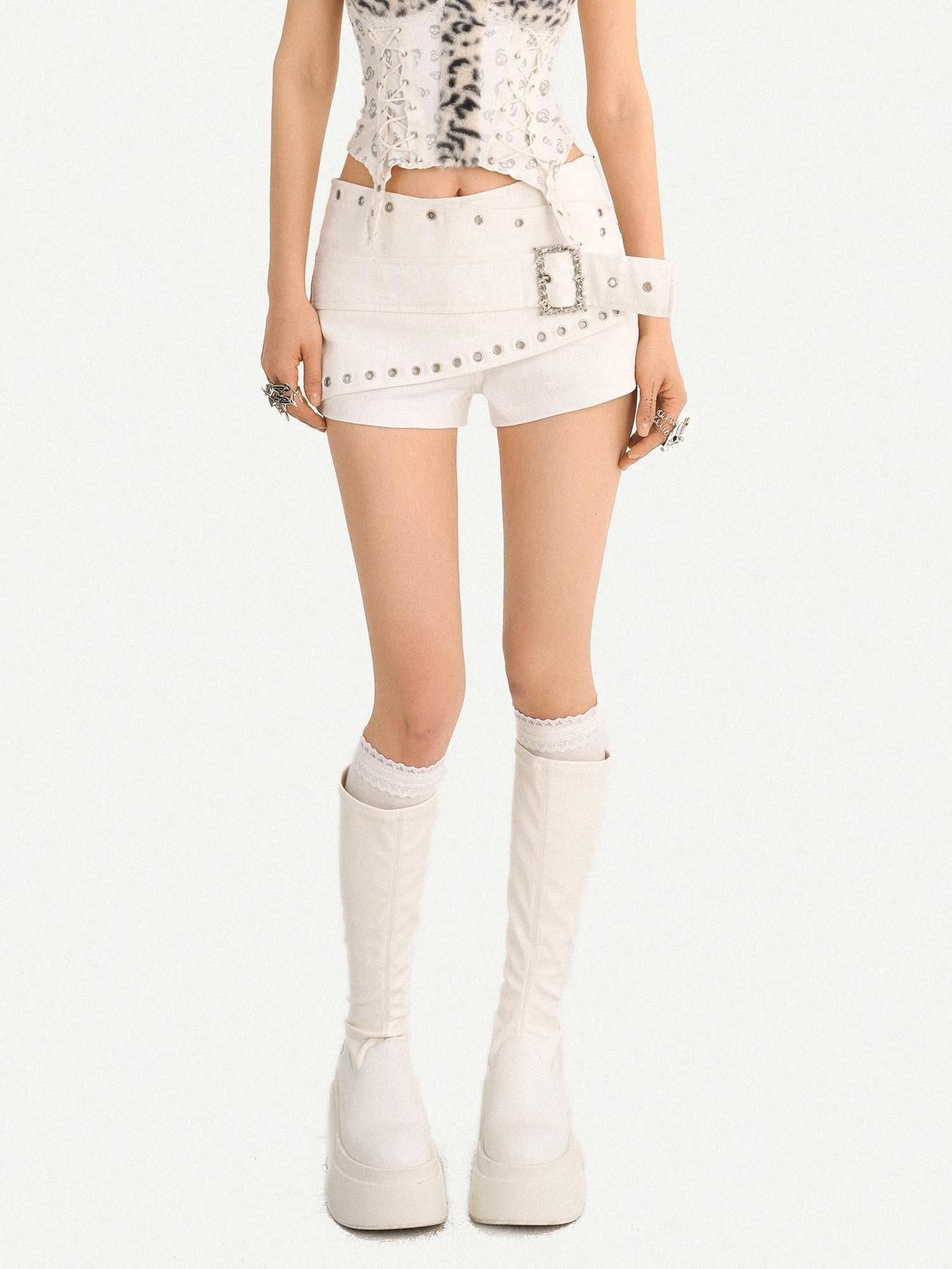 Nico Molly Low Rise Slim Punk Rivet Pocket Metal Stretch Cotton Zip Button Mini Shorts