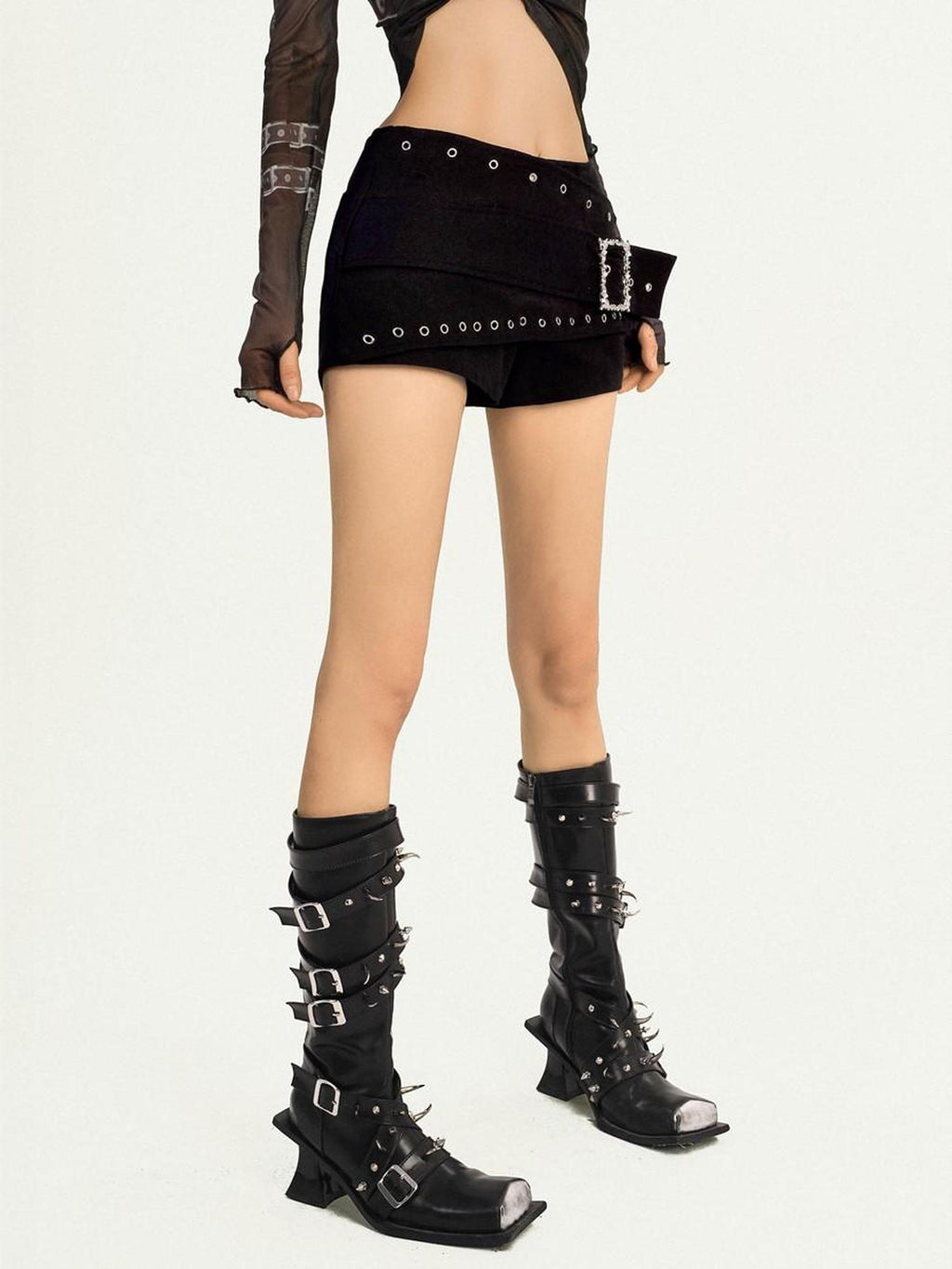 Nico Molly Low Rise Slim Punk Rivet Pocket Metal Stretch Cotton Zip Button Mini Shorts