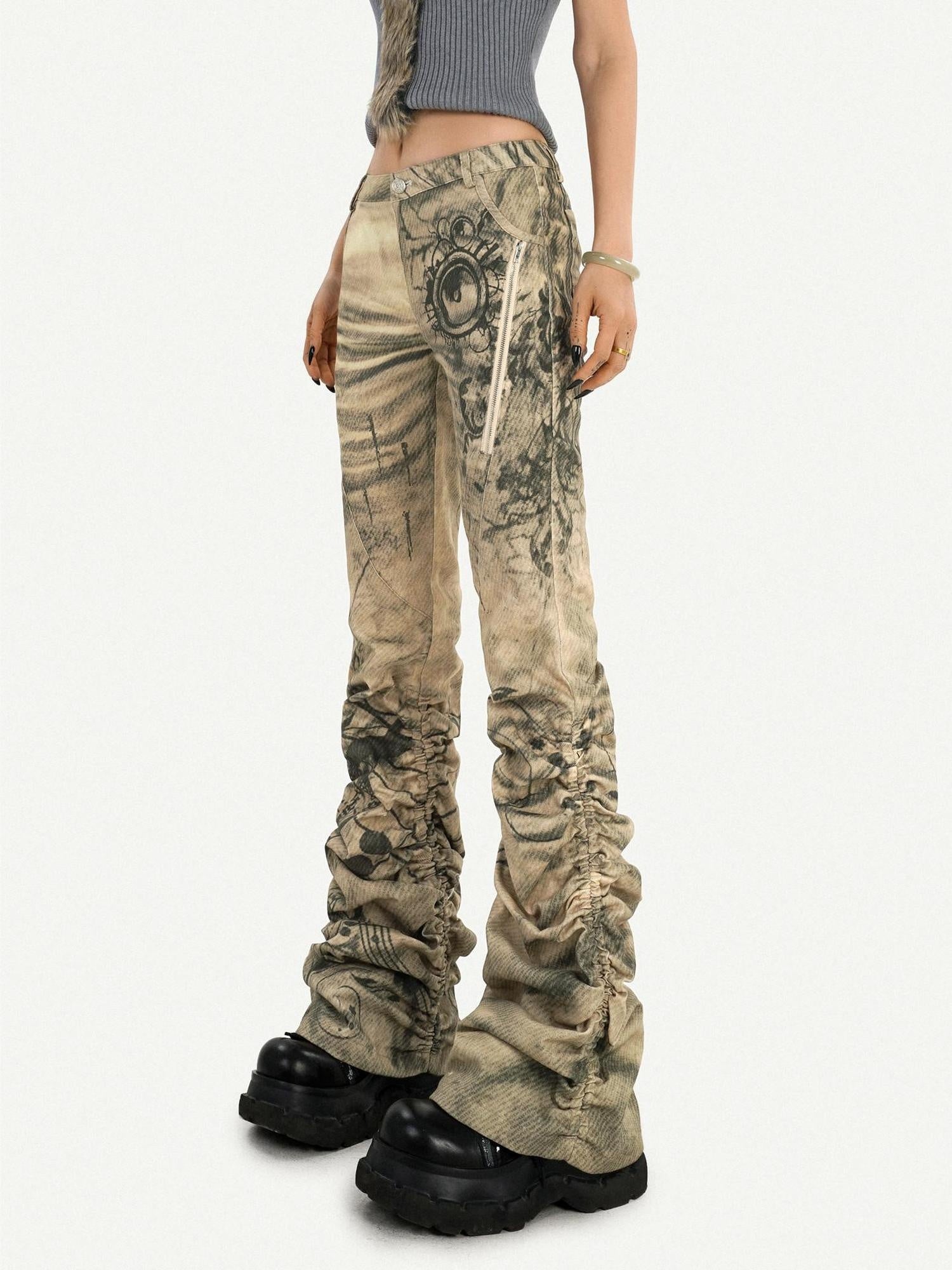 Nico Molly Low Waist Pleated Punk Micro Flare Women Ink Wash Flared Jeans