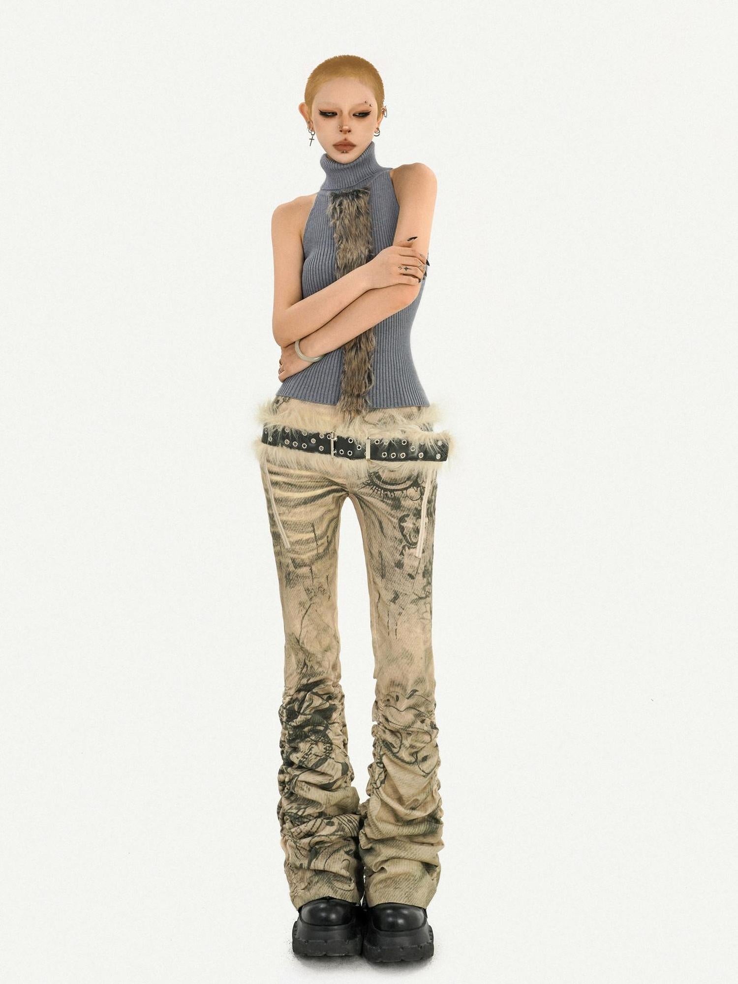 Nico Molly Low Waist Pleated Punk Micro Flare Women Ink Wash Flared Jeans