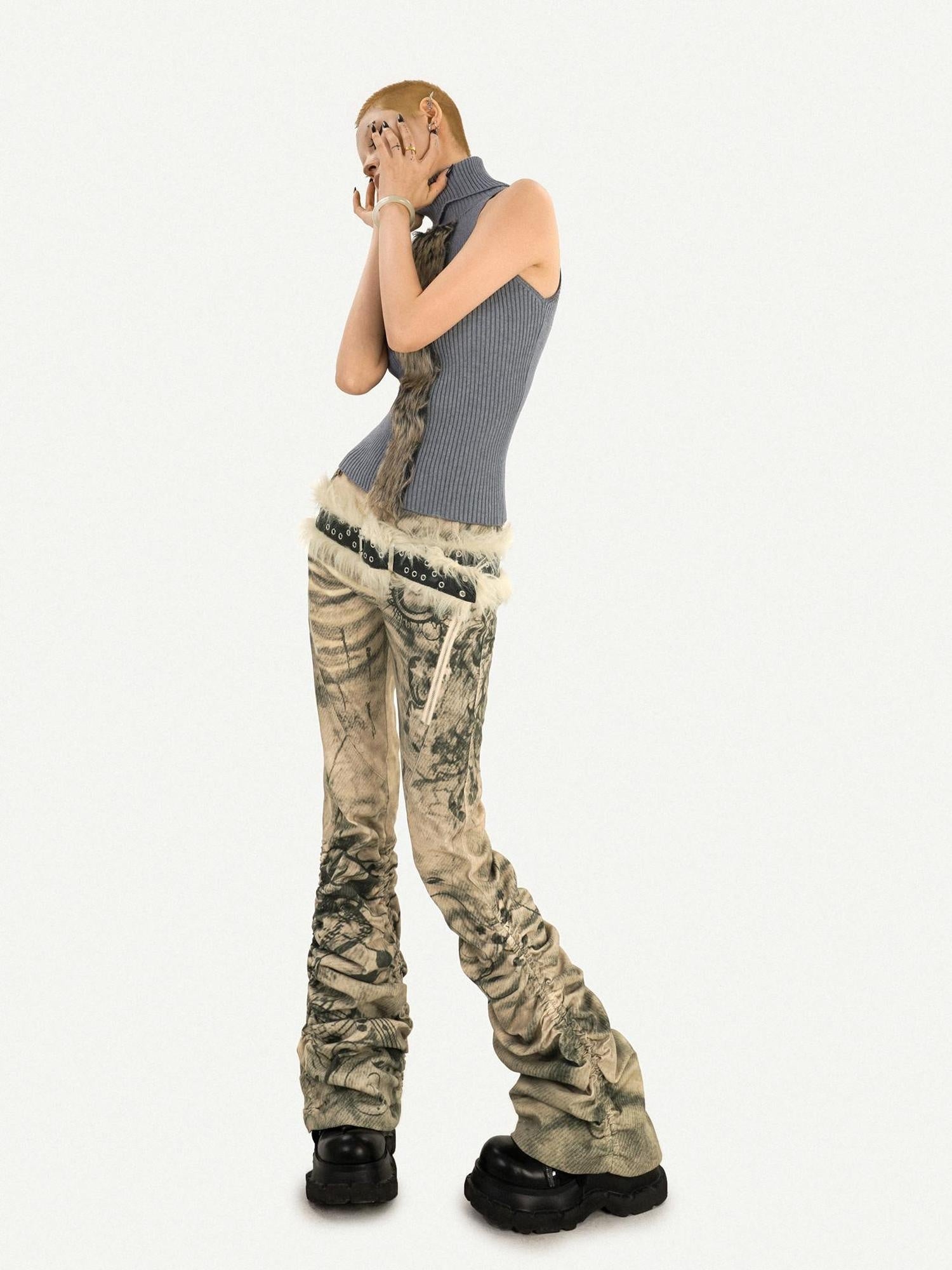 Nico Molly Low Waist Pleated Punk Micro Flare Women Ink Wash Flared Jeans