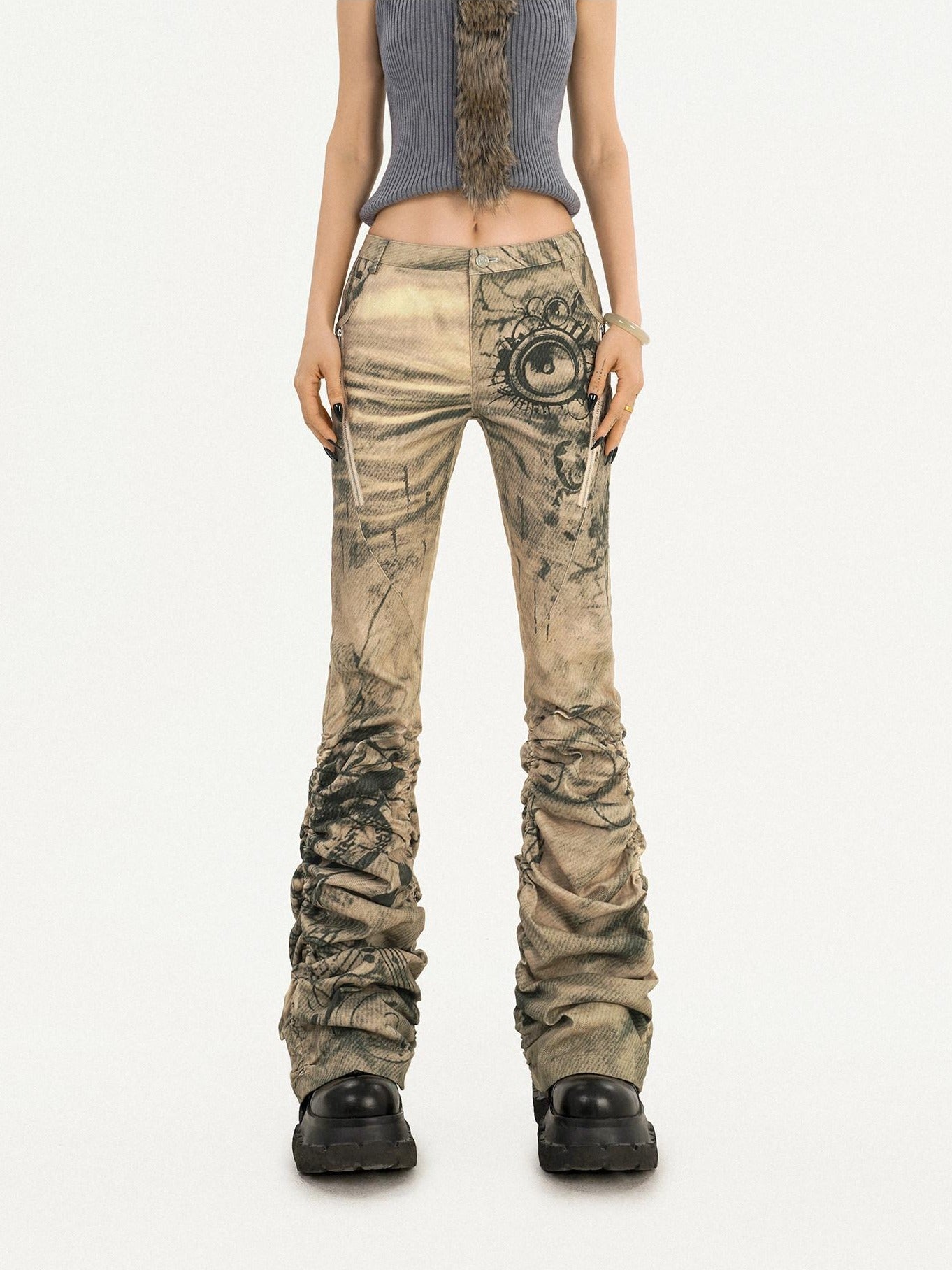 Nico Molly Low Waist Pleated Punk Micro Flare Women Ink Wash Flared Jeans
