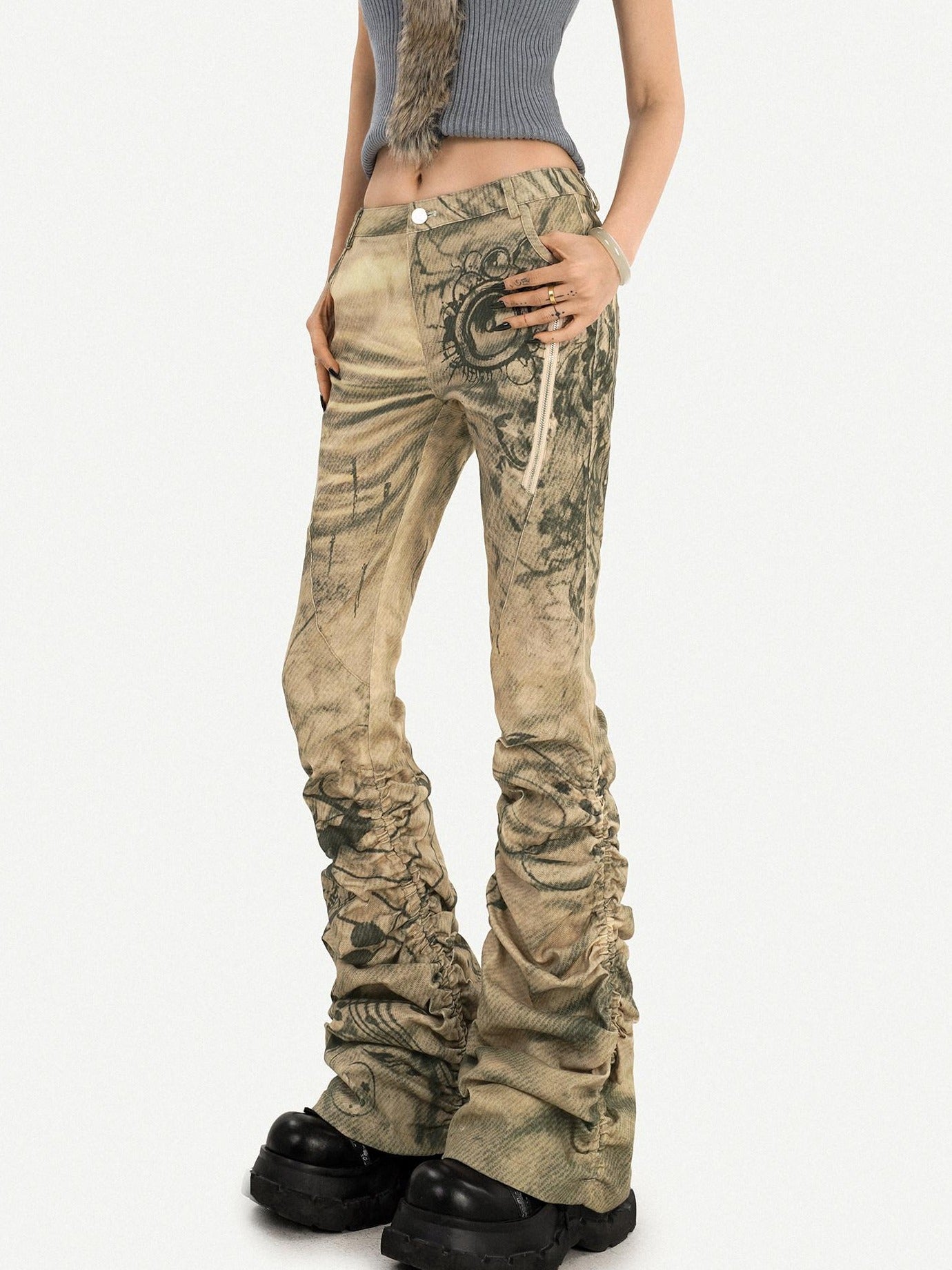 Nico Molly Low Waist Pleated Punk Micro Flare Women Ink Wash Flared Jeans