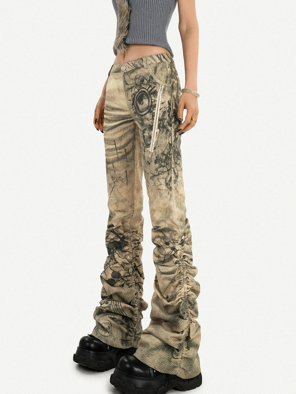 Nico Molly Low Waist Pleated Punk Micro Flare Women Ink Wash Flared Jeans