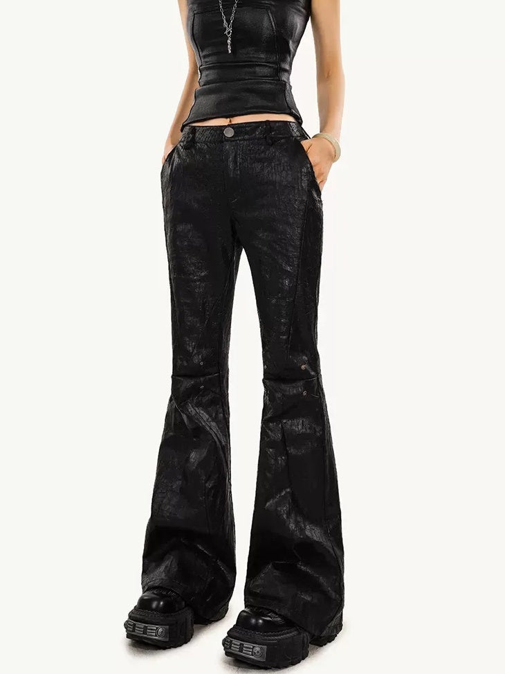 Nico Molly Low Waist Slim Micro Flare Pocket Street Punk Zipper Black Cargo Pants