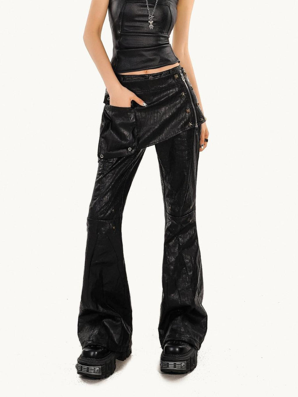 Nico Molly Low Waist Slim Micro Flare Pocket Street Punk Zipper Black Cargo Pants
