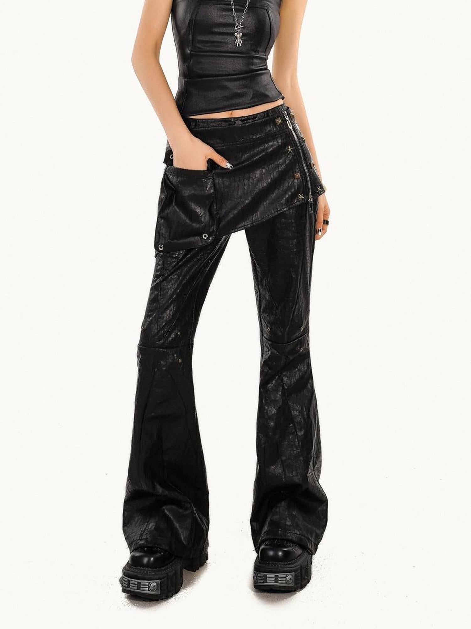 Nico Molly Low Waist Slim Micro Flare Pocket Street Punk Zipper Black Cargo Pants
