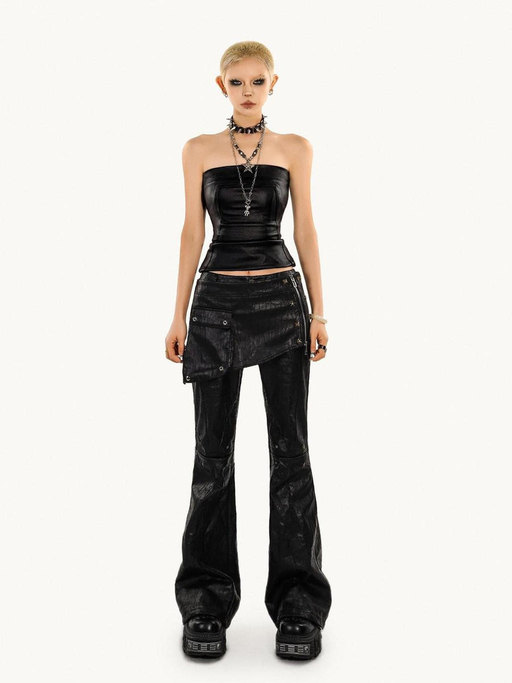Nico Molly Low Waist Slim Micro Flare Pocket Street Punk Zipper Black Cargo Pants