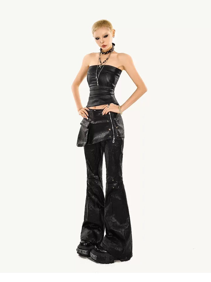 Nico Molly Low Waist Slim Micro Flare Pocket Street Punk Zipper Black Cargo Pants