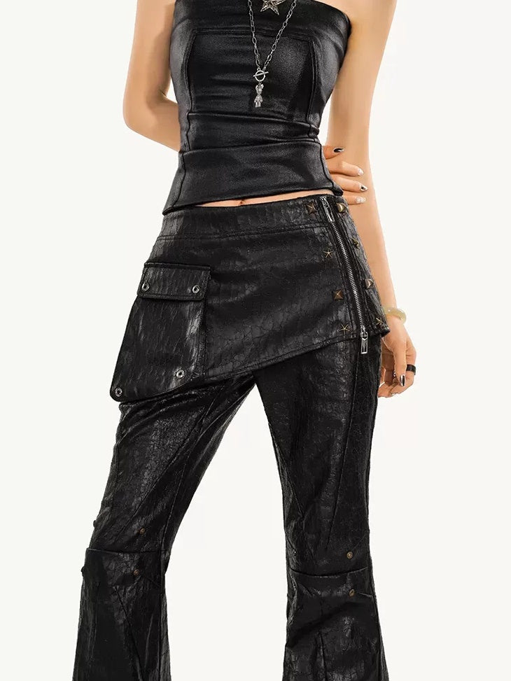 Nico Molly Low Waist Slim Micro Flare Pocket Street Punk Zipper Black Cargo Pants